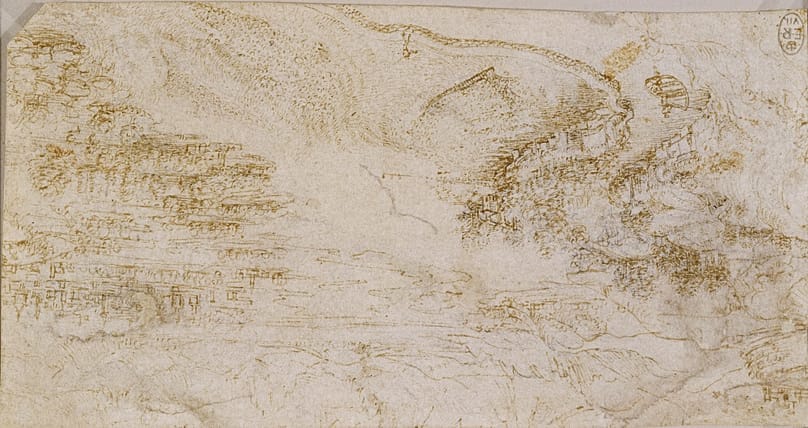 Leonardo da Vinci, “Landscape of the Adda with detail of a ferry”, 1511–1513