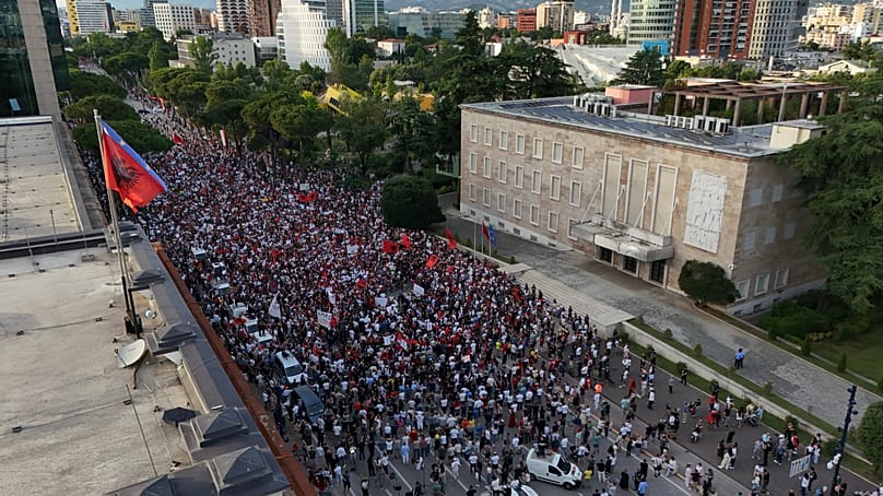 Protesters take part in a rally in Tirana, 6 June, 2026