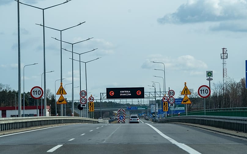 A18 Germany–Poland border crossing with Kontrola Graniczna border control active. Photographed during field research drive, March 2026.