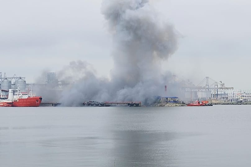 In this photo taken from video provided by OBSERVATOR ANTENA 1, smoke rises after an explosion of sea drone is seen in Constanta port, Romania, Friday, June 5, 2026.