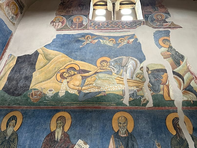 The Church of Saint Panteleimon is known for its frescoes, which are unusual as they clearly show emotions on the faces of those depicted