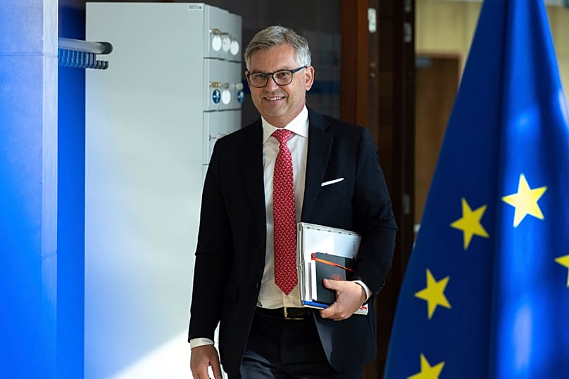 European Commissioner for Internal Affairs-Migration Magnus Brunner arrives for the weekly college of commissioners meeting at EU HQ in Brussels, Wednesday, May 21, 2025
