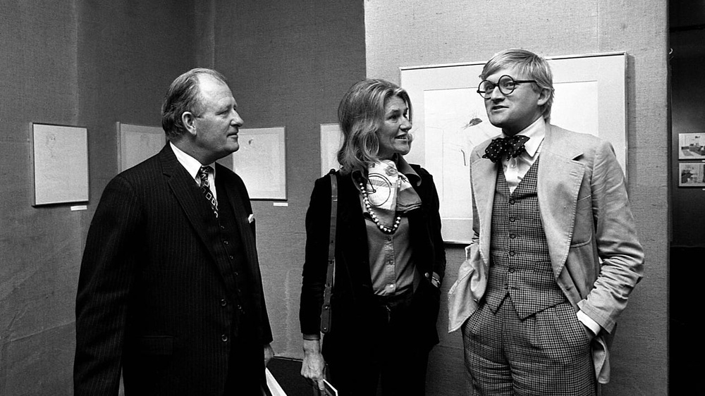 FILE: Hockney pictured with British Ambassador Edward Tomkins, left, at the opening of his exhibition at Musee des Arts Decoratifs on Oct. 10, 1974 