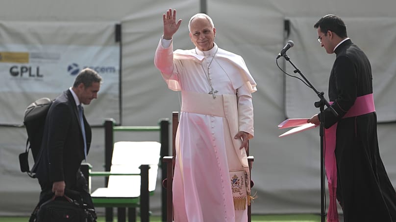 Pope Leo XIV arrives to meet migrants at the Las Raíces reception centre in San Cristóbal de La Laguna, Tenerife, Spain, on 12 June 2026.