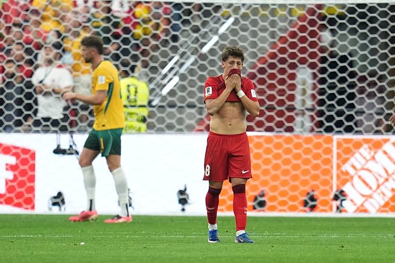 Turkey's Arda Guler reacts after missing a shot attempt during the first half of the World Cup match against Australia in Vancouver, British Columbia, Saturday, June 13, 2026