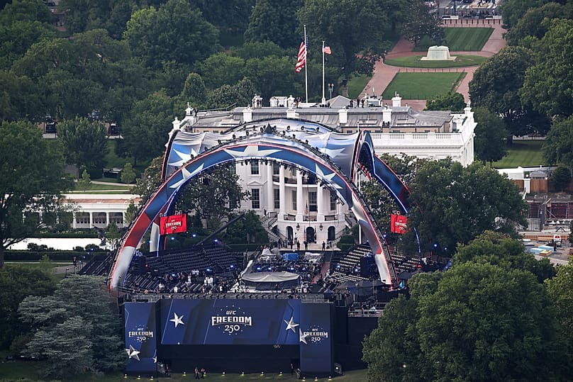 The arena is seen on the South Lawn of the White House from the Washington Monument ahead of the UFC Freedom 250 fight on Sunday, June 14, 2026, in Washington.