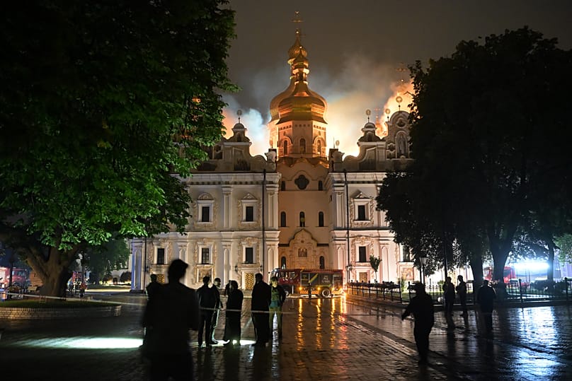The roof of the Dormition Cathedral burns in Kyiv, 15 June, 2026