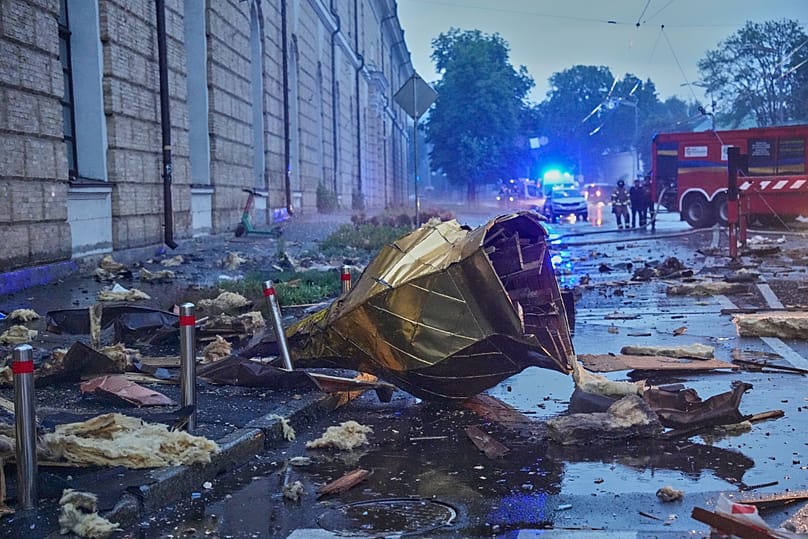 A golden cupola from one of the churches of the damaged Kyiv-Pechersk Lavra lies on the ground in Kyiv, 15 June, 2026