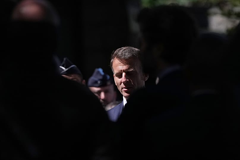 French President Emmanuel Macron visit security force ahead of the G7 summit in Evian-les-Bains, France, Monday, June 15, 2026