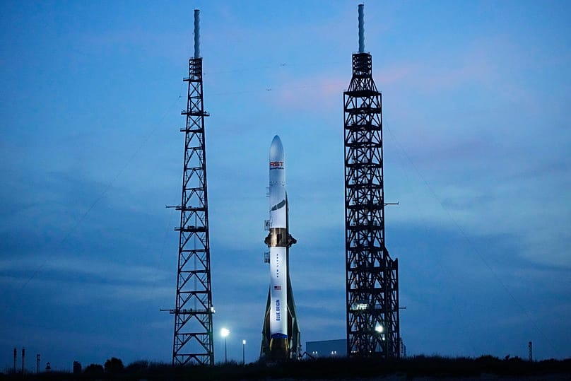 FILE - A Blue Origin New Glenn rocket stands ready for launch at the Cape Canaveral Space Force station in Cape Canaveral, Fla., 18 April 2026. (AP Photo/John Raoux, File)