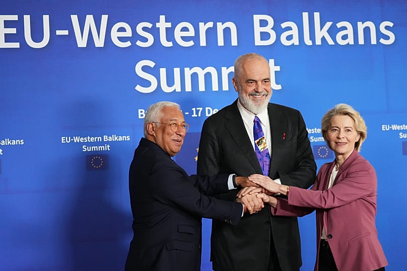 European Commission President Ursula von der Leyen and European Council President Antonio Costa, greet Albania's Prime Minister Edi Rama during an EU-Western Balkan Summit