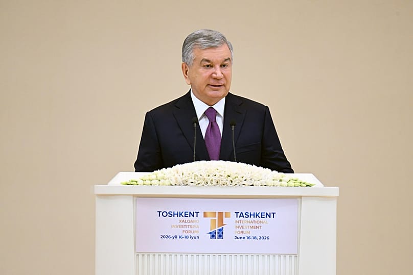 Uzbekistan's President Shavkat Mirziyoyev delivers his speech 