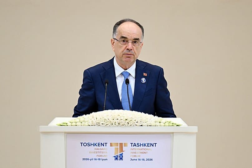 Albanian President Bajram Begaj addresses participants during the Forum