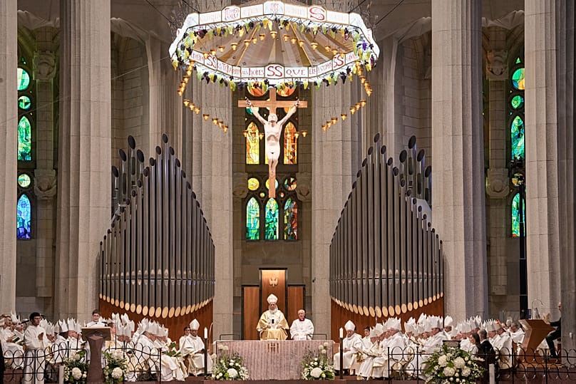 Pope Leo XIV celebrates Mass at the Sagrada Familia in Barcelona, Spain, on Wednesday 10 June 2026.