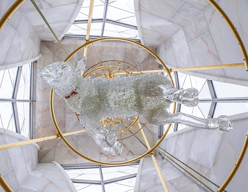 Image of the glass lamb inside the Tower of Jesus in the Sagrada Familia.