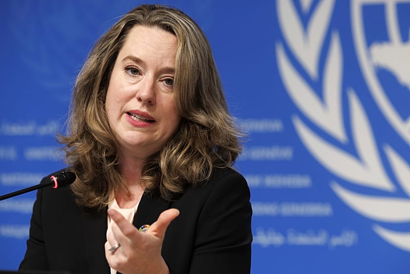 Director General of the IOM Amy Pope speaks during a press conference in Geneva, 2 October, 2023