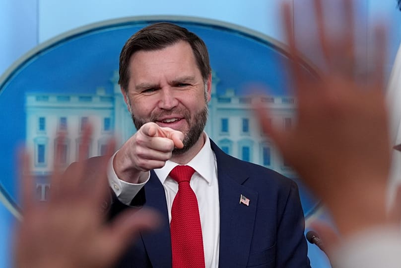US Vice President JD Vance points to a reporter in the James Brady Press Briefing Room at the White House, 18 June, 2026