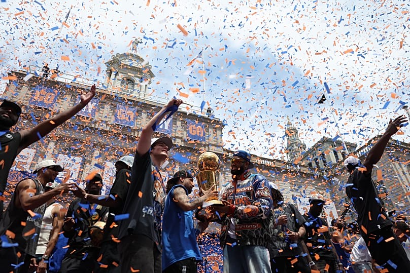 Players celebrate during the New York Knicks' NBA championship parade in New York, 18 June, 2026