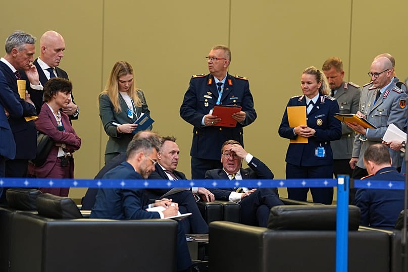 German defence chief Boris Pistorius speaks with Norwegian counterpart prior to a NATO defence ministers meeting at NATO headquarters in Brussels, Thursday, June 18, 2026
