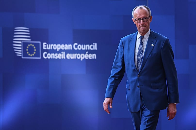 Germany's Chancellor Friedrich Merz arrives for the EU summit in Brussels, Thursday, June 18, 2026