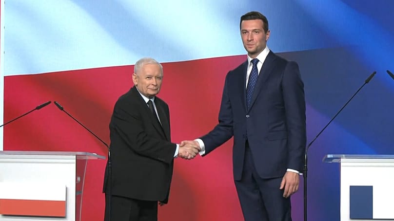 Jarosław Kaczyński and Jordan Bardella after their joint press conference on 19 June 2026.