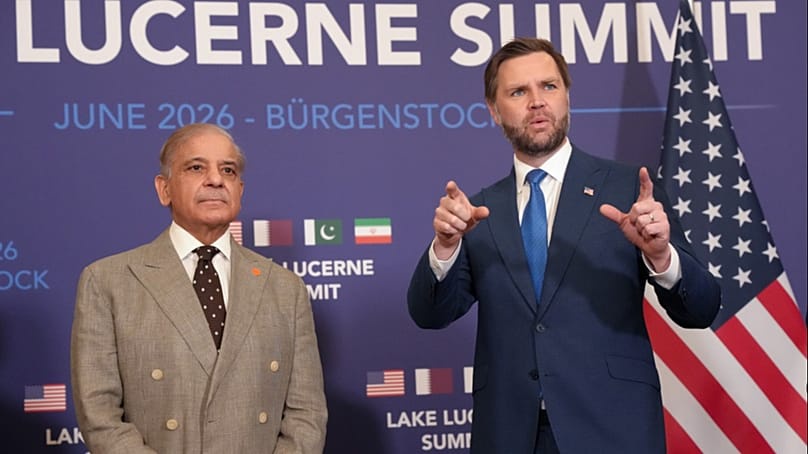 US VP Vance meets with Pakistan's Prime Minister Shehbaz Sharif, during high-level talks aimed at advancing a deal to end the war in Iran, Lucerne, Switzerland, June 21, 2026