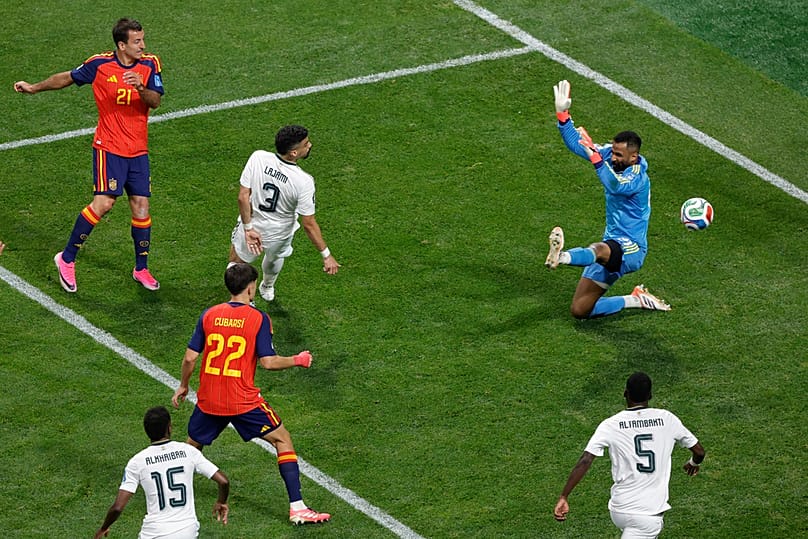 Spain's Mikel Oyarzabal scores his side's second goal against Saudi Arabia during the World Cup Group H match in Atlanta, Sunday, June 21, 2026