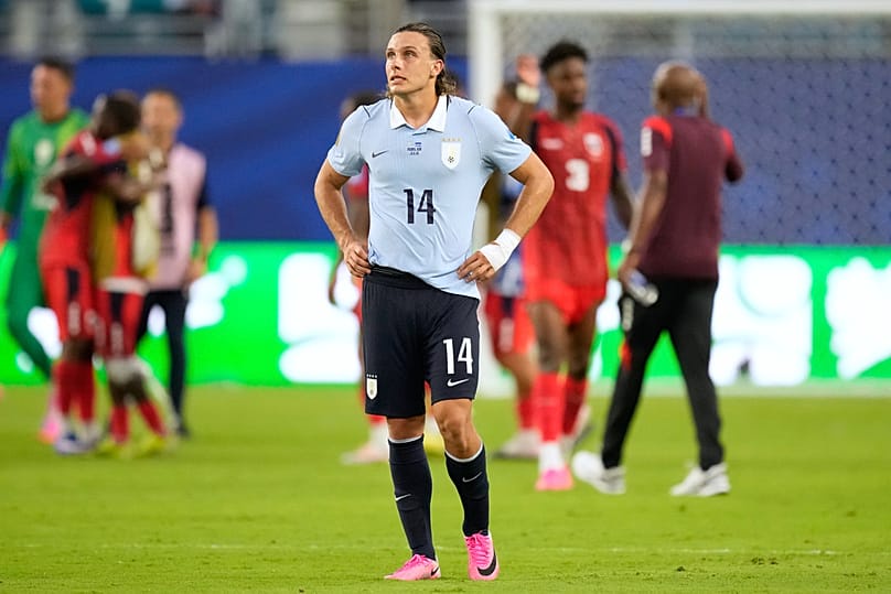 Uruguay's Agustin Canobbio reacts following the World Cup Group H match against Cape Verde in Miami Gardens, Florida, Sunday, June 21, 2026