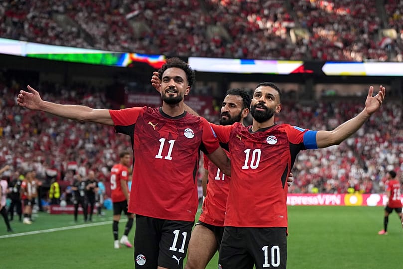 Egypt's Mohamed Salah celebrates his goal with teammate Mostafa Ziko during the World Cup Group G match in Vancouver, British Columbia, Canada, on Sunday, June 21, 2026
