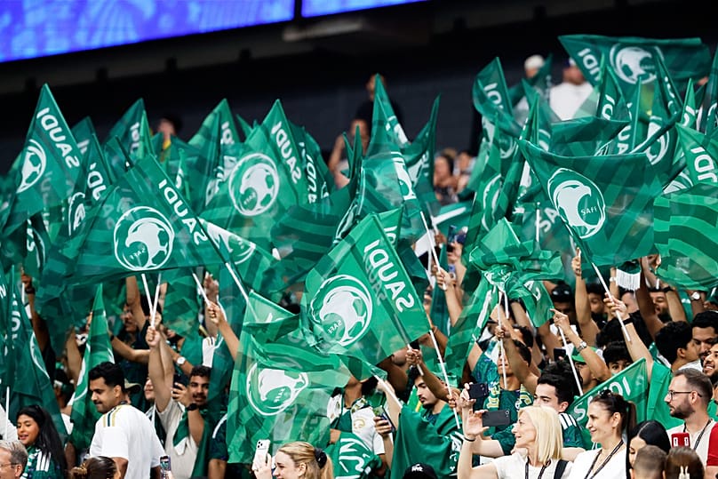 Saudi Arabia fans cheer during the World Cup Group H match against Spain in Atlanta, Sunday, June 21, 2026