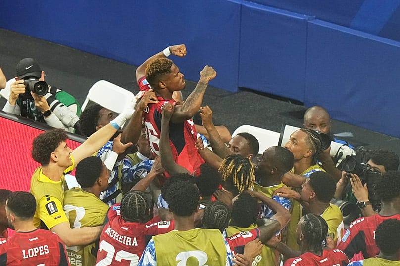 Cape Verde's Helio Varela celebrates scoring his side's second goal against Uruguay during the World Cup Group H match in Miami Gardens, Florida, Sunday, June 21, 2026