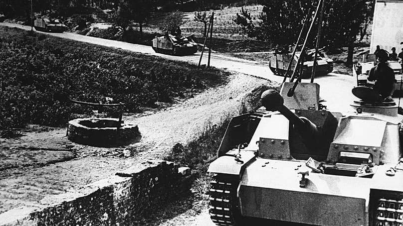 German Sturmgeschütz III on its way to a new position on the French Mediterranean coast, 2 Oct. 1943. (AP Photo)