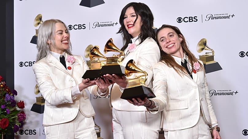 Phoebe Bridgers, from left, Lucy Dacus, and Julien Baker of Boygenius at the 66th annual Grammy Awards