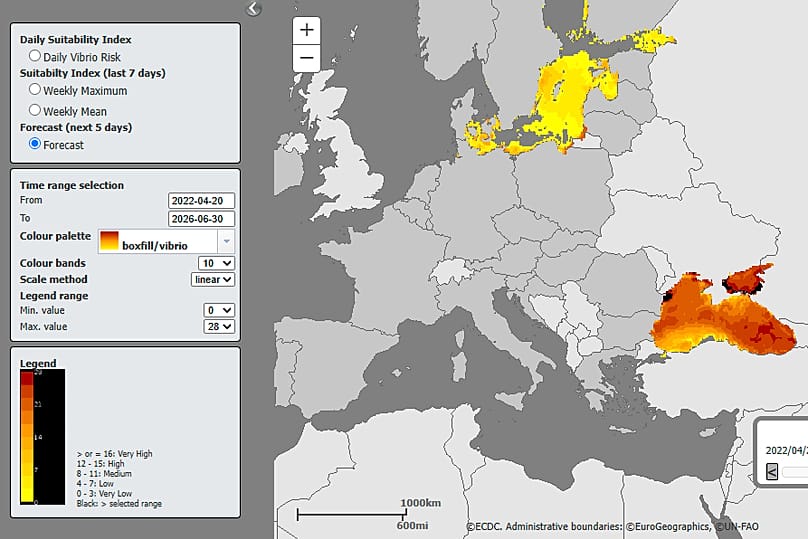 ECDC forecast map for Vibrio in Europe for the next 5 days