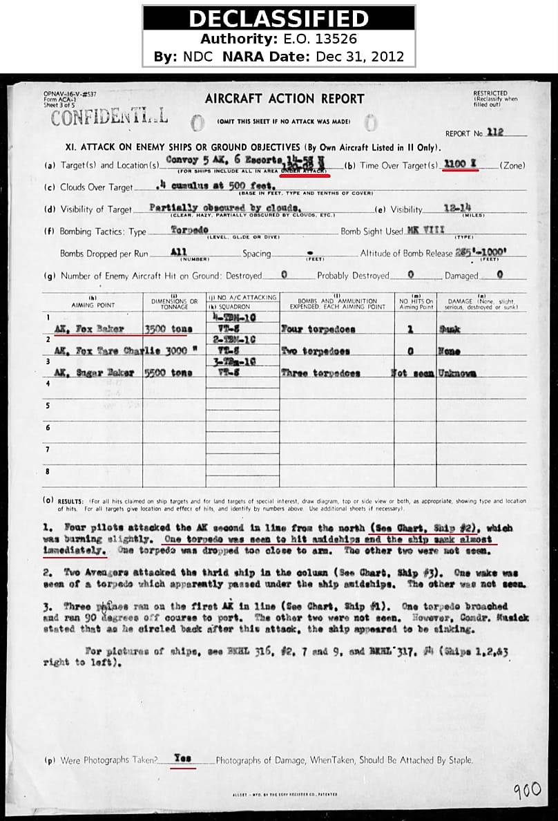 Document reporting the attack on the convoy of ships | BKHL Aircraft Action Report (declassified USN document)