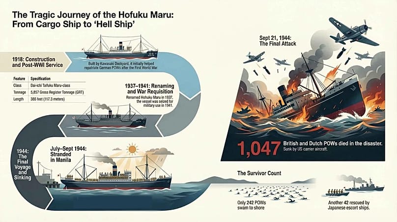 Infographic of the Hofuku Maru’s tragic voyage in the Second World War