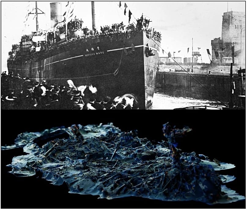 Image of the ship and a photogrammetry of how it now lies on the seabed.