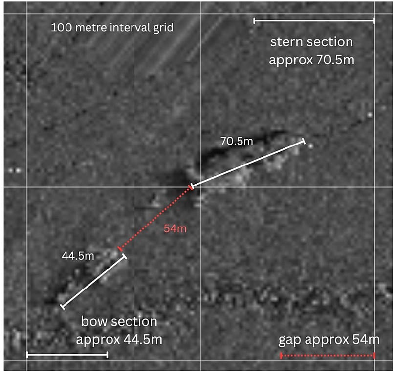 Scan of the sections of the Hofuku Maru lying on the seabed