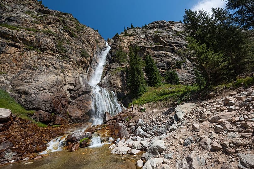 Burkhan Bulak, Kazakhstan's tallest waterfall, lies deeper in the same mountain range. Water plunges about 168 metres down rocky cliffs