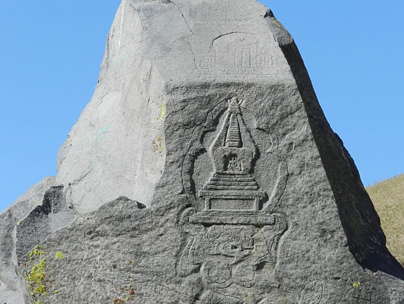 A unique Buddhist monument at the entrance to the Kora River Gorge in the town of Tekeli