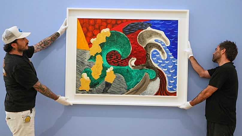 A painting called The Only One with Waves by artist David Hockney is displayed at Phillips auction rooms in London, Friday, June 19, 2026.