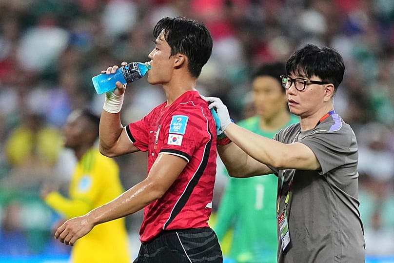 South Korea's Oh Hyeon-gyu (18) during the hydration break during the World Cup Group A soccer match between South Africa and South Korea.