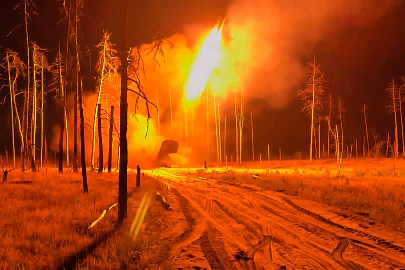 Russian TOS-1 Solntsepyok heavy flamethrower rocket launcher fires towards the Ukrainian positions, 30 June, 2026