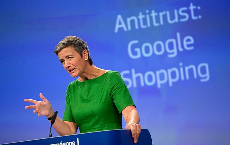 Former EU Commissioner for Competition Margrethe Vestager speaks during a press conference after fining Google over its online shopping service, Brussels, Jun. 2017