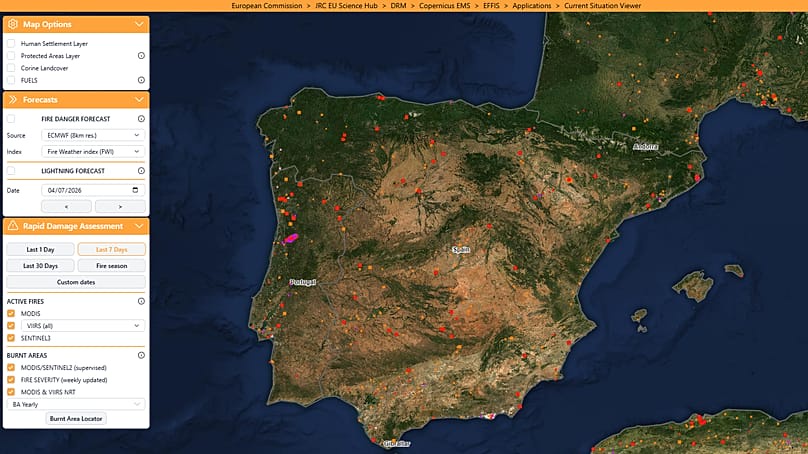 Active wildfires during the week of 4 July 2026 on the Iberian Peninsula