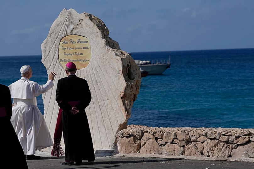 Pope Leo XIV blesses the plaque dedicated to Pope Francis in Lampedusa