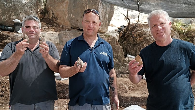 From right to left: researchers Prof Ron Schimmelmitz of the University of Haifa, Dr Kobi Vardi and Amit Gabay of the Israel Antiquities Authority.