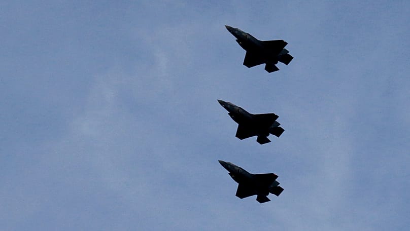 F-35B aircrafts fly over the Akrotiri Royal air forces base before landing near city of Limassol, 21 May, 2019