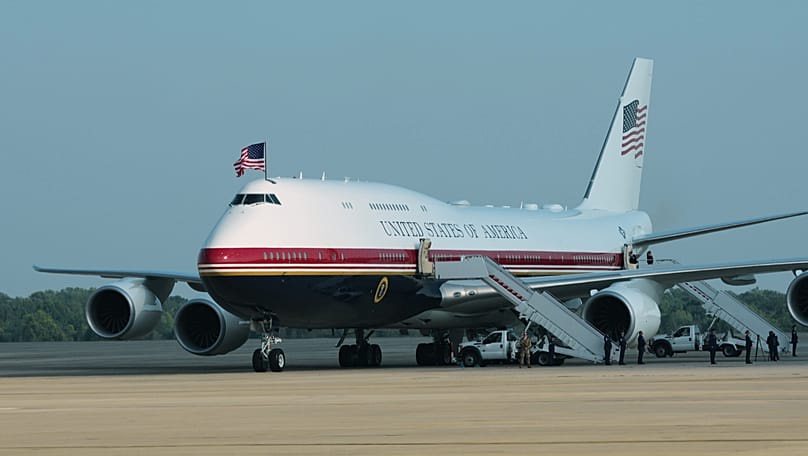 The newly designated Air Force One stands ready as President Donald Trump arrives to board, 3 July, 2026