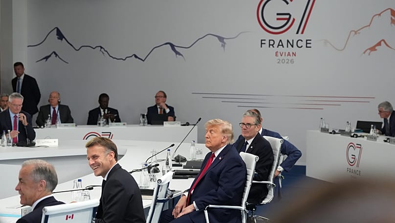 Carney, Macron, Trump and Starmer during a working session at the G7 summit in Évian-les-Bains, France, 17 June 2026